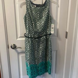 Kasper Cotton Sateen Sheath Dress, brand new, size 8, blk/wht with teal border